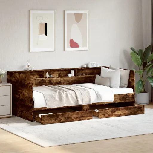Sofá-Cama com Gavetas Sem Colchão 100x200 cm Carvalho Fumado