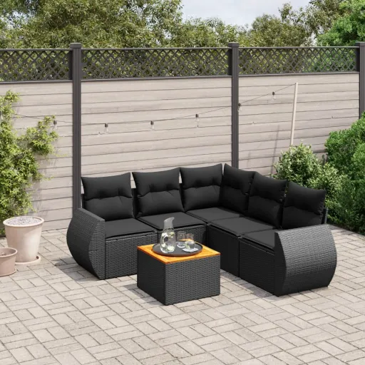 Conjunto Sofás de Jardim c/ Almofadões Vime PE Preto (6 pcs)