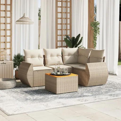 Conjunto de Sofás p/ Jardim com Almofadões Vime PE Bege (5 pcs)