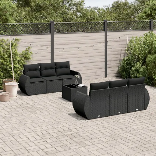 Conjunto de Sofás p/ Jardim c/ Almofadões Vime PE Preto (7 pcs)
