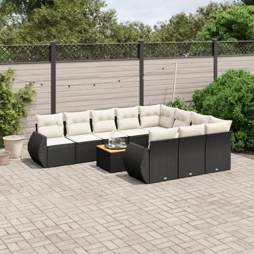 Conjunto Sofás de Jardim c/ Almofadões Vime PE Preto (11 pcs)