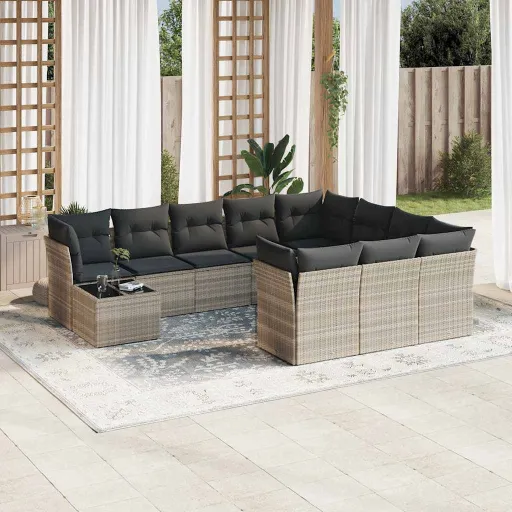 Conjunto Sofás de Jardim c/ Almofadões Vime PE Cinzento (11 pcs)
