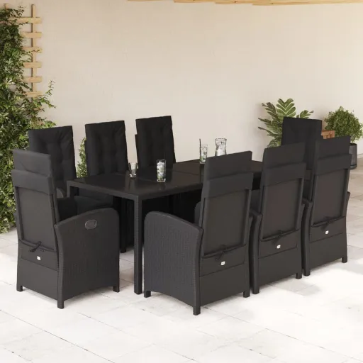 Conjunto de Jantar p/ Jardim c/ Almofadões Vime PE Preto (9 pcs)