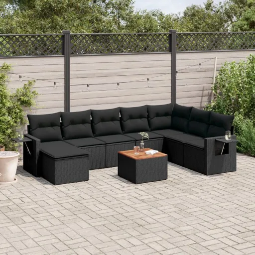 Conjunto de Sofás p/ Jardim c/ Almofadões Vime PE Preto (9 pcs)