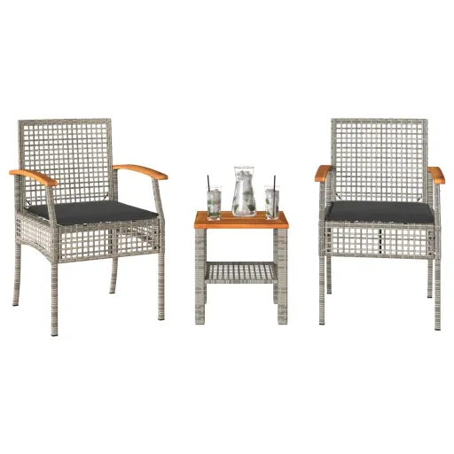 Conjunto de Bistrô com Almofadões   Vime PE e Acácia Cinza (3 pcs)