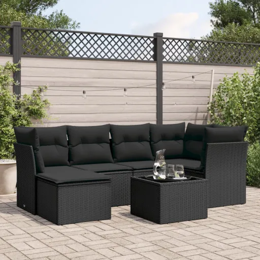 Conjunto de Sofás p/ Jardim c/ Almofadões Vime PE Preto (7 pcs)