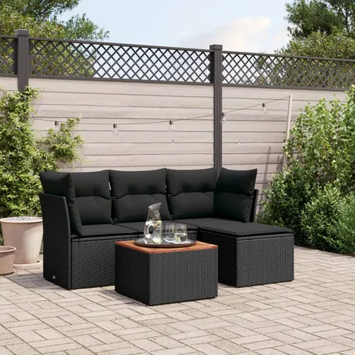 Conjunto Sofás de Jardim com Almofadões Vime PE Preto (5 pcs)