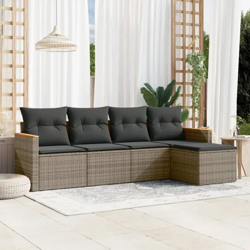 Conjunto Sofás de Jardim c/ Almofadões Vime PE Cinzento (5 pcs)