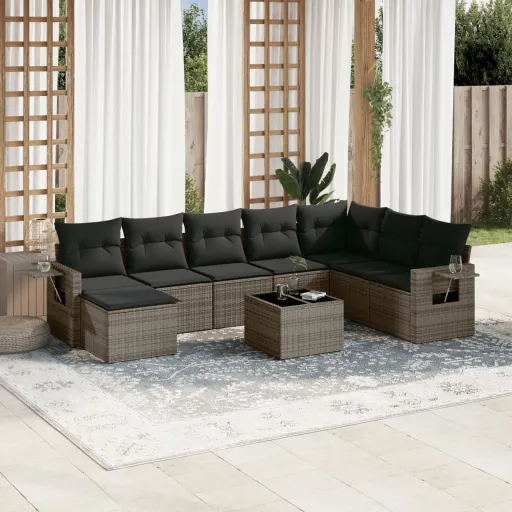 Conjunto Sofás p/ Jardim com Almofadões Vime PE Cinzento (9 pcs)