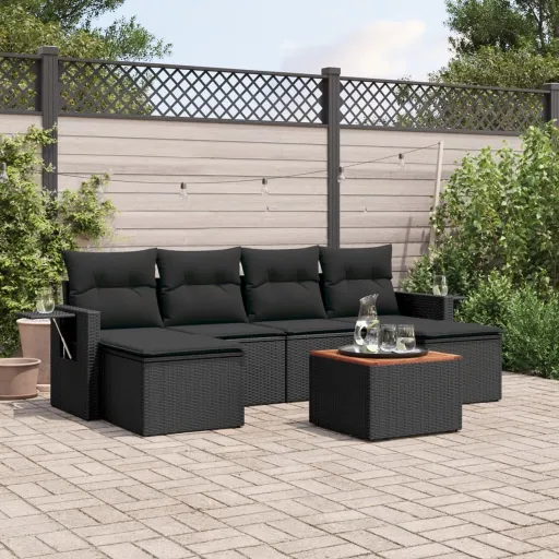 Conjunto de Sofás p/ Jardim c/ Almofadões Vime PE Preto (7 pcs)