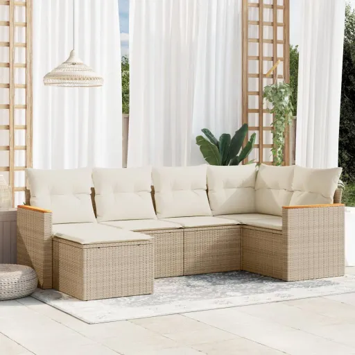Conjunto de Sofás p/ Jardim com Almofadões Vime PE Bege (6 pcs)