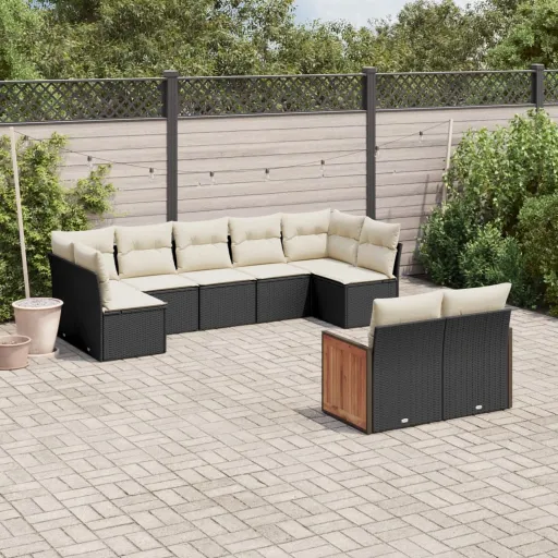 Conjunto de Sofás p/ Jardim c/ Almofadões Vime PE Preto (9 pcs)