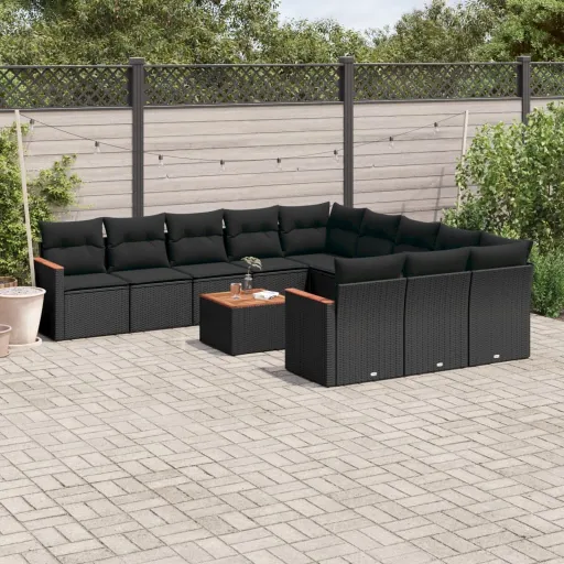 Conjunto de Sofás de Jardim c/ Almofadões Vime PE Preto (12 pcs)
