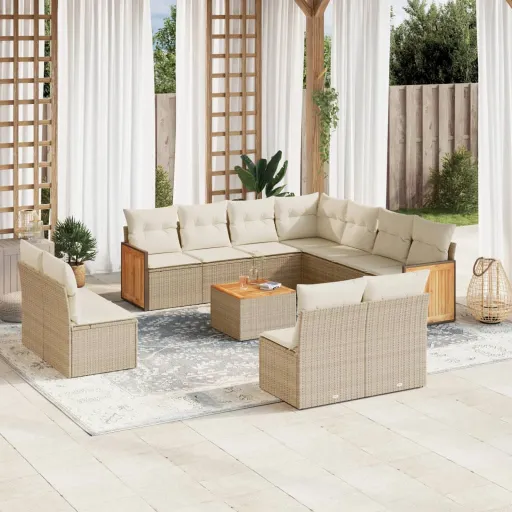Conjunto de Sofás p/ Jardim com Almofadões Vime PE Bege (12 pcs)