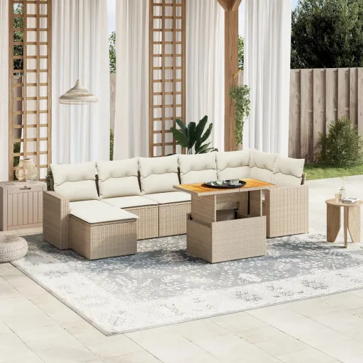 Conjunto de Sofás p/ Jardim com Almofadões Vime PE Bege (8 pcs)