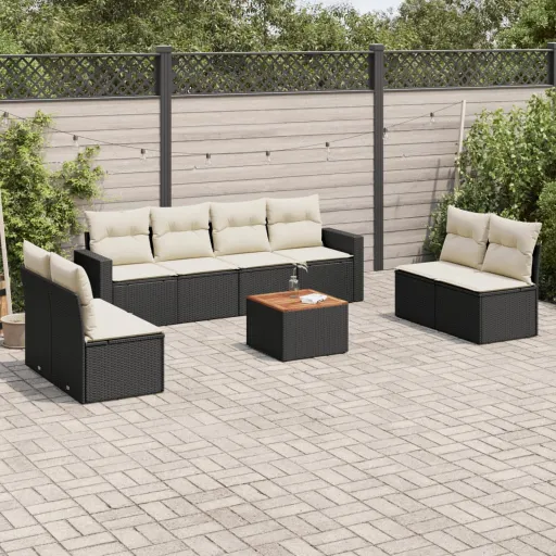 Conjunto de Sofás p/ Jardim c/ Almofadões Vime PE Preto (9 pcs)
