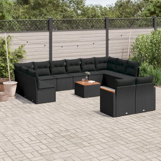 Conjunto de Sofás de Jardim com Almofadões Vime PE Preto (13 pcs)
