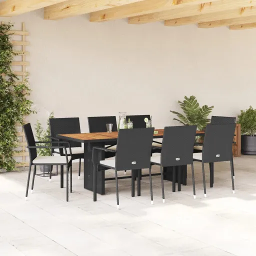 Conjunto de Jantar p/ Jardim c/ Almofadões Vime PE Preto (9 pcs)