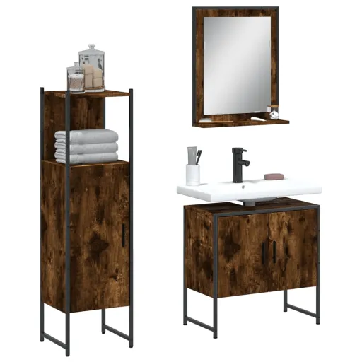 Conjunto Móveis WC Derivados de Madeira Carvalho Fumado (3 pcs)