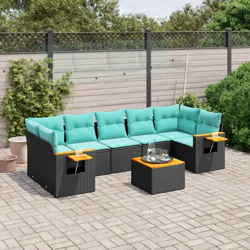 Conjunto de Sofás p/ Jardim c/ Almofadões Vime PE Preto (8 pcs)