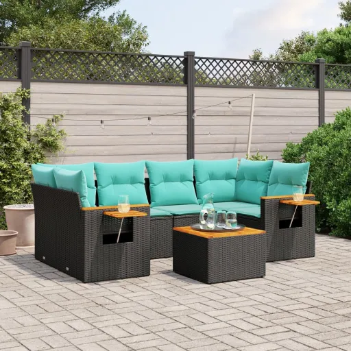 Conjunto de Sofás p/ Jardim c/ Almofadões Vime PE Preto (7 pcs)