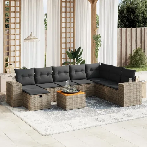 Conjunto Sofás p/ Jardim com Almofadões Vime PE Cinzento (9 pcs)