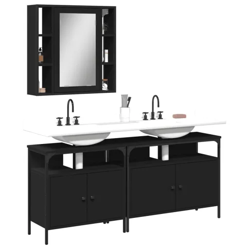 Conjunto Móveis Casa de Banho Derivados de Madeira Preto (3 pcs)