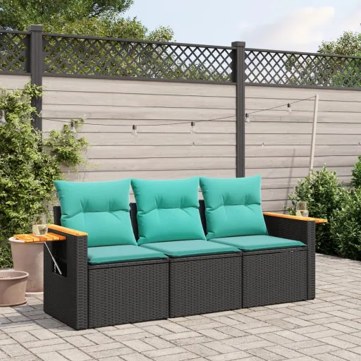 Conjunto Sofás de Jardim com Almofadões Vime PE Preto (3 pcs)