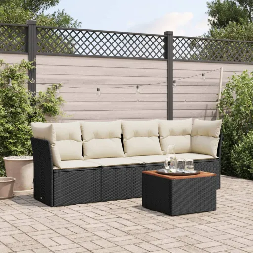 Conjunto Sofás de Jardim com Almofadões Vime PE Preto (5 pcs)