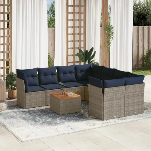 Conjunto Sofás p/ Jardim c/ Almofadões Vime PE Cinzento (9 pcs)