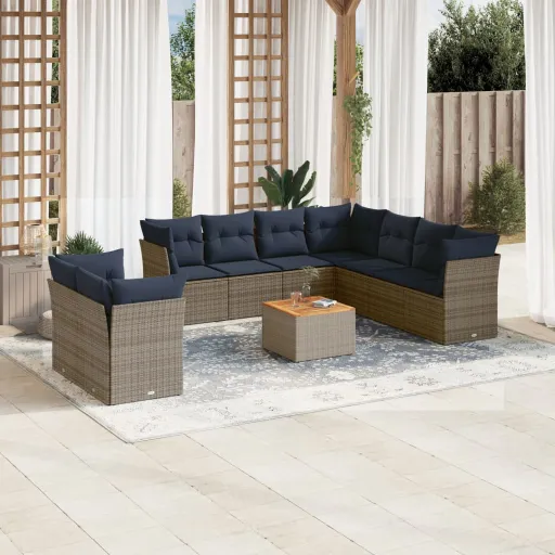 Conjunto Sofás de Jardim c/ Almofadões Vime PE Cinzento (10 pcs)