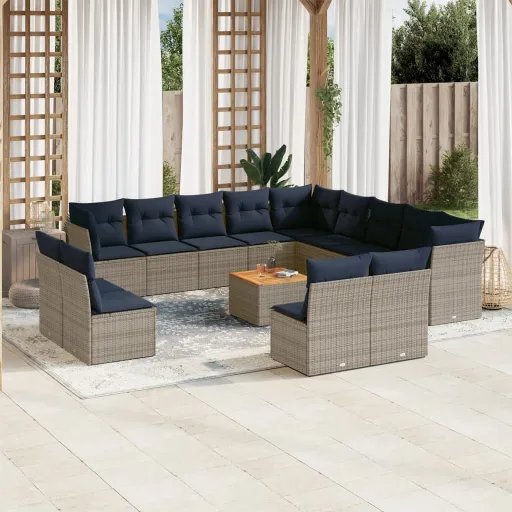 Conjunto Sofás p/ Jardim c/ Almofadões Vime PE Cinzento (14 pcs)