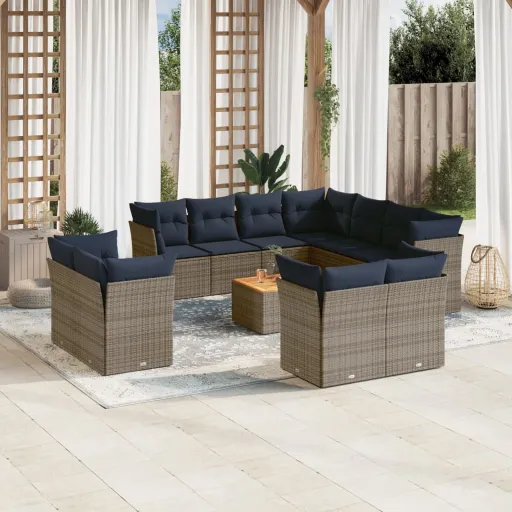 Conjunto Sofás p/ Jardim c/ Almofadões Vime PE Cinzento (12 pcs)