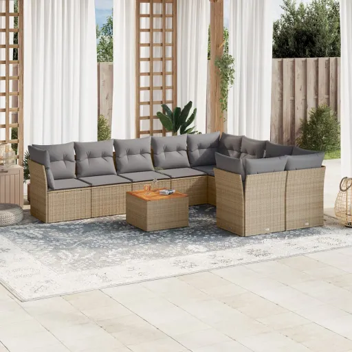 Conjunto de Sofás p/ Jardim com Almofadões Vime PE Bege (10 pcs)