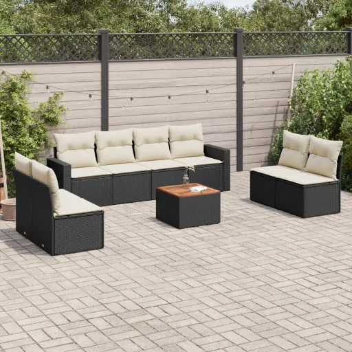 Conjunto de Sofás p/ Jardim c/ Almofadões Vime PE Preto (9 pcs)