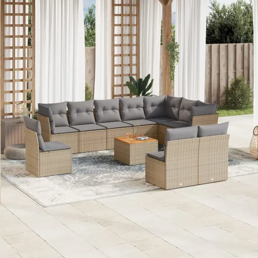 Conjunto Sofás de Jardim c/ Almofadões Vime PE Bege (11 pcs)