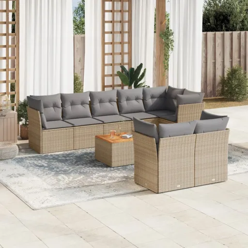 Conjunto de Sofás p/ Jardim com Almofadões Vime PE Bege (9 pcs)