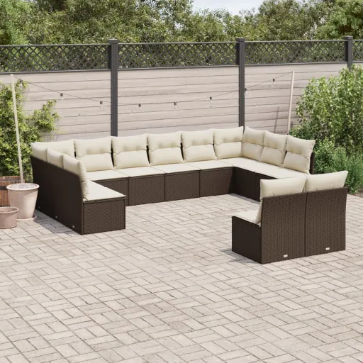 Conjunto de Sofás Jardim com Almofadões Vime PE Castanho (12 pcs)