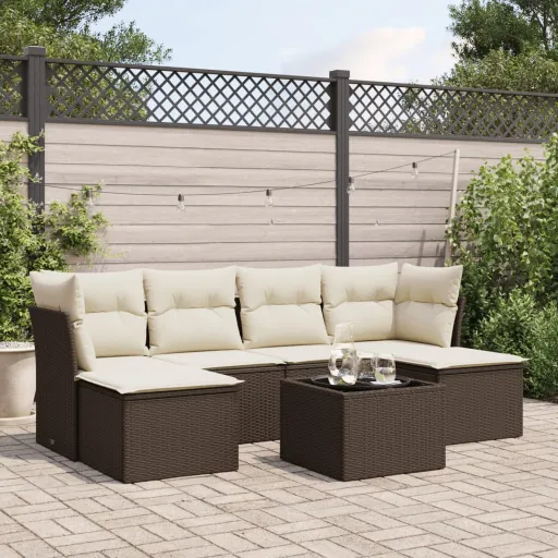 Conjunto de Sofás Jardim c/ Almofadões Vime PE Castanho (7 pcs)