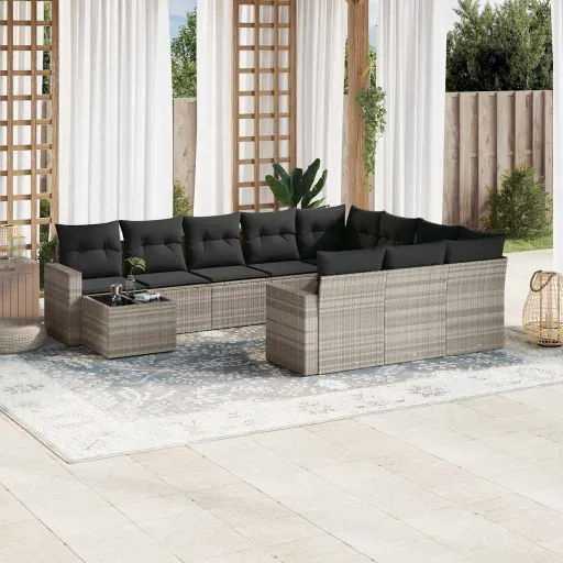 Conjunto Sofás de Jardim c/ Almofadões Vime PE Cinzento (11 pcs)