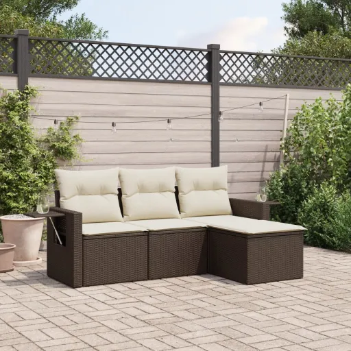 Conjunto Sofás de Jardim c/ Almofadões Vime PE Castanho (4 pcs)