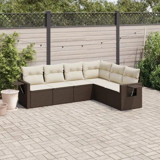 Conjunto de Sofás Jardim c/ Almofadões Vime PE Castanho (6 pcs)
