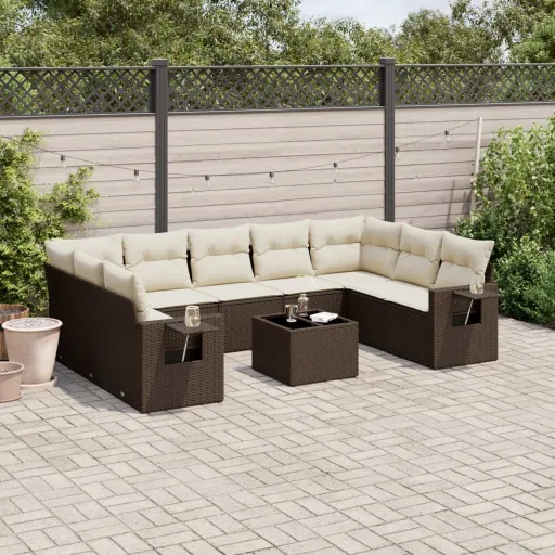 Conj. Sofás Jardim com Almofadões Vime PE Castanho (10 pcs)