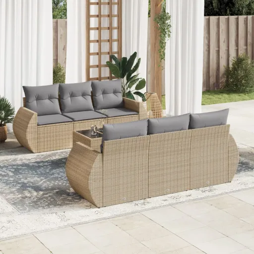 Conjunto de Sofás p/ Jardim com Almofadões Vime PE Bege (7 pcs)