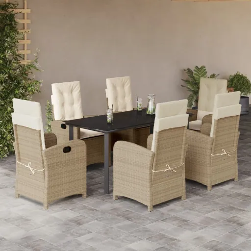 Conjunto de Jantar p/ Jardim com Almofadões Vime PE Bege (7 pcs)
