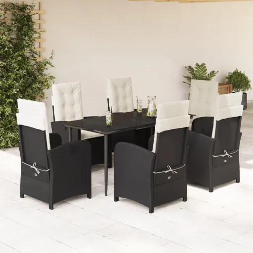 Conjunto de Jantar p/ Jardim c/ Almofadões Vime PE Preto (7 pcs)