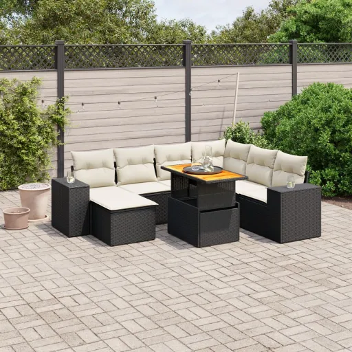 Conjunto Sofás de Jardim com Almofadões Vime PE Preto (8 pcs)
