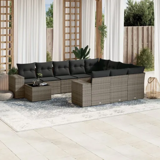 Conjunto Sofás de Jardim c/ Almofadões Vime PE Cinzento (11 pcs)