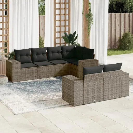 Conjunto Sofás p/ Jardim c/ Almofadões Vime PE Cinzento (7 pcs)
