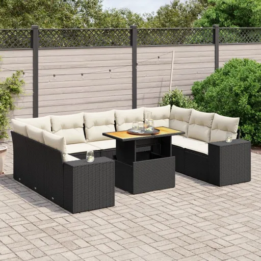Conjunto Sofás de Jardim c/ Almofadões Vime PE Preto (10 pcs)